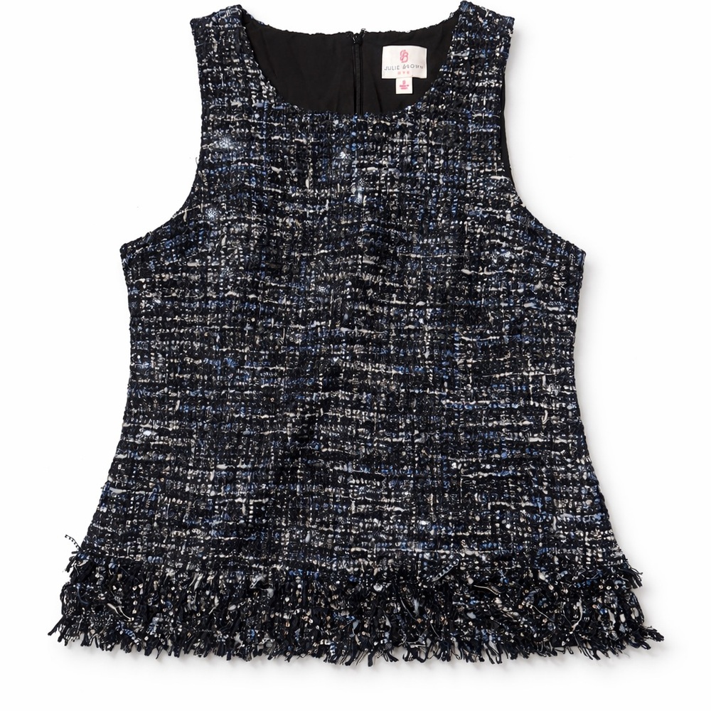 Julie Brown NYC Tweed Fringe Sleeveless Top Size 8 Black Blue Textured